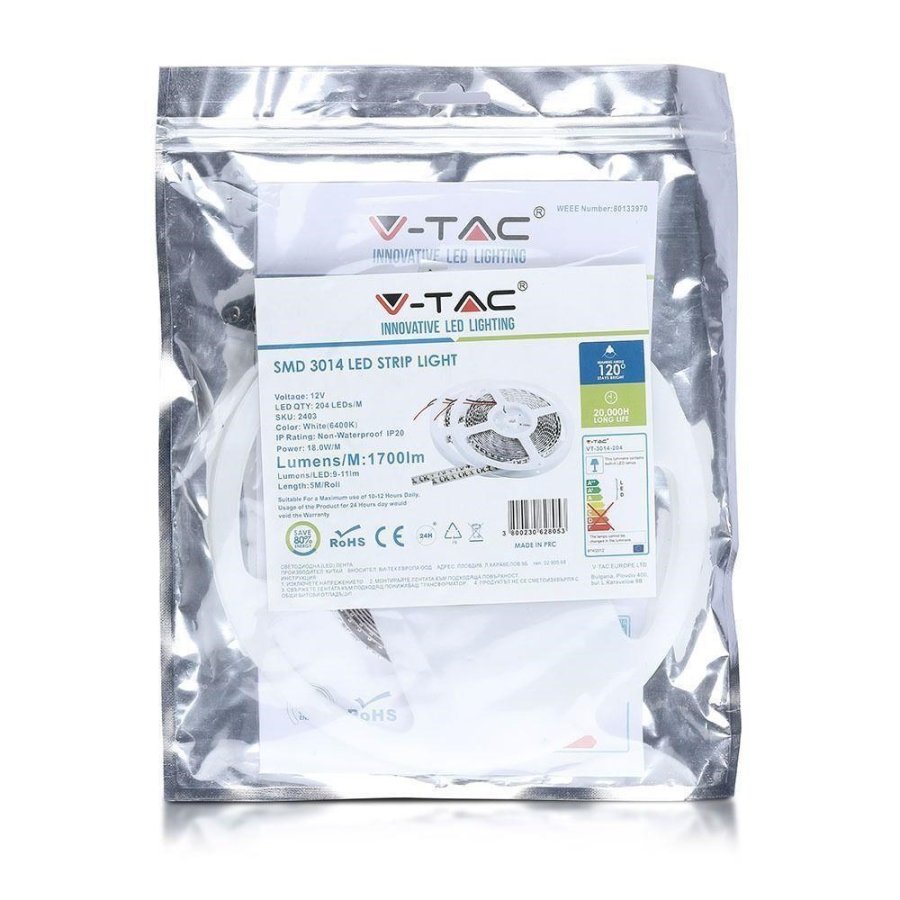 LED-strimmel V-TAC VT-3014 1020LED SMD3014 12V IP20 18W/m 3000K 1700lm (SKU 2404) #5