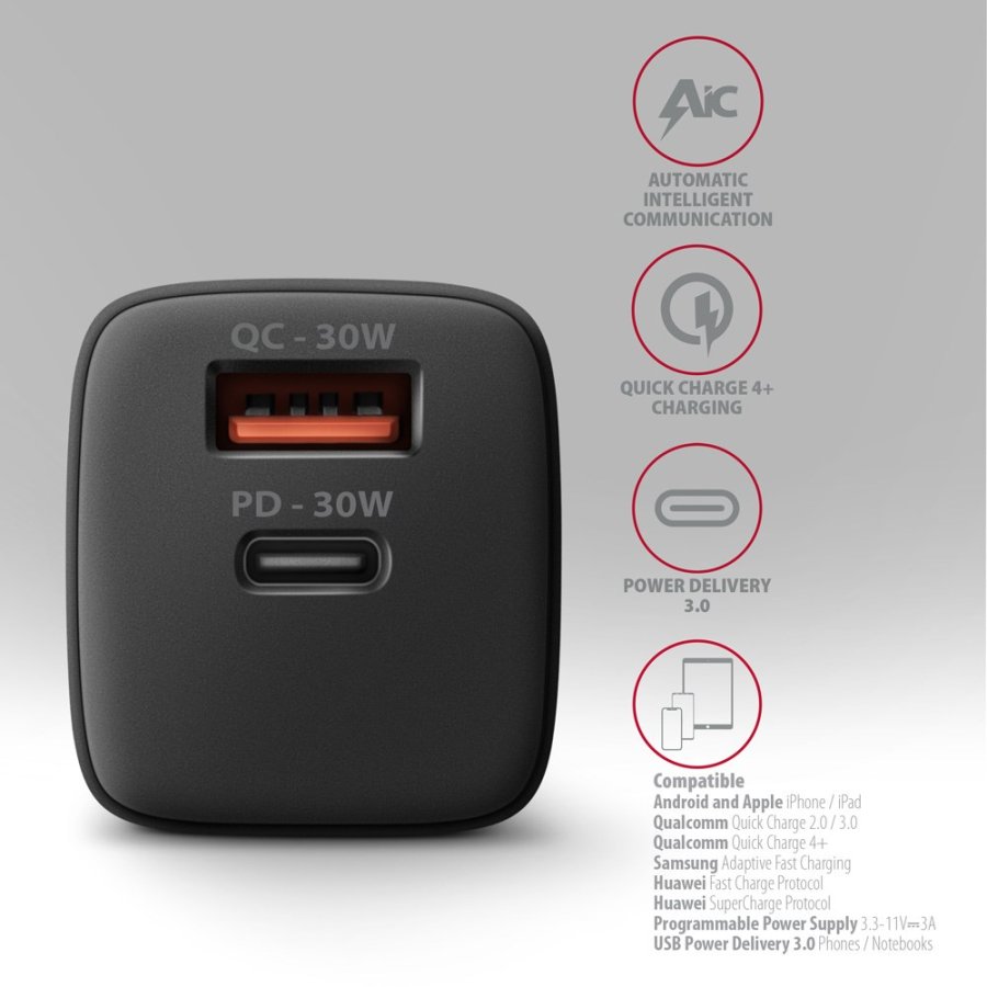Axagon ACU-PQ30 Ladegert QC3.0, 4.0/AFC/FCP/PPS/Apple+ PD USB-C, 30W - schwarz - Kompaktes Ladegert - 1x USB-C und 1x USB-A Mobiltelefon, Smartphone, SmartWatch, Tablet, Universel Sort Vekselstrm Hurtig opladning Indendrs #5