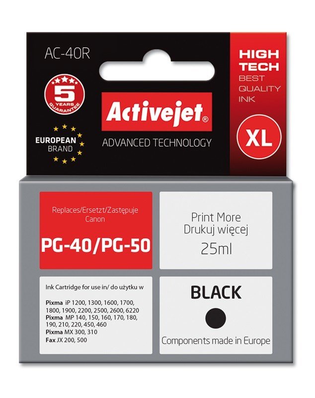 Activejet AC-40R Ink (erstatning for Canon PG-40; Premium; 25 ml; sort) #1