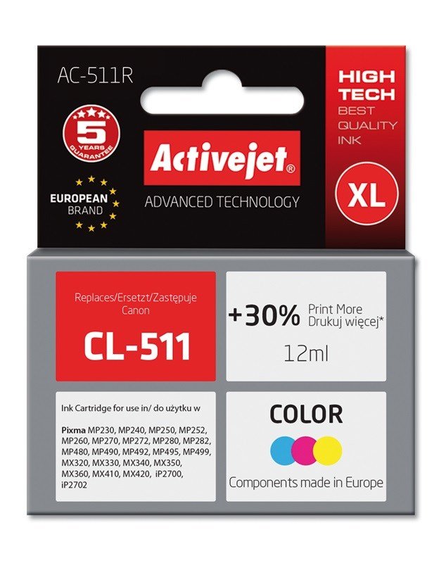 Activejet AC-511R blk (Canon CL-511 erstatning; Premium; 12 ml; farve) #1
