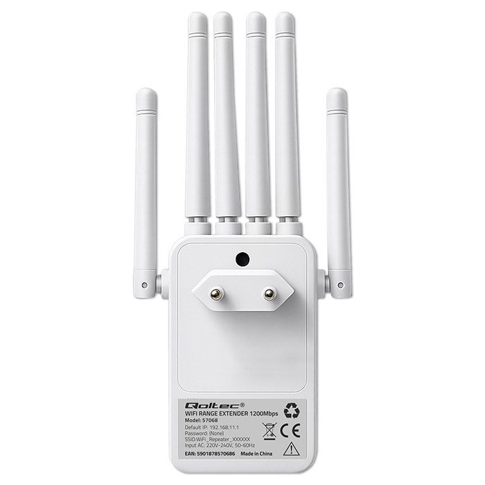 Qoltec 57068 WiFi 5 signalforst�rker | Repeater | Adgangspunkt | AC1200 | 6 antenner | 2x RJ45 | 128MB #92