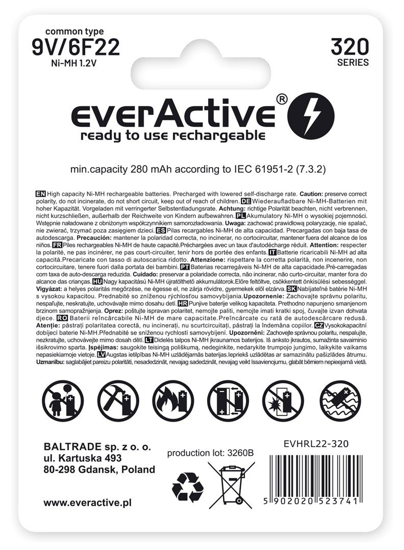 EverActive Ni-MH 6F22 9V 320 mAh Professional Line genopladelige batterier #2