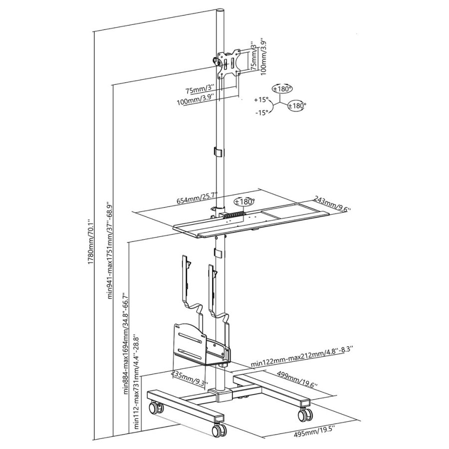 Maclean professional stand trolley, mobil computerarbejdsstation p hjul, max 17-32, max 20 kg, MC-793 #7