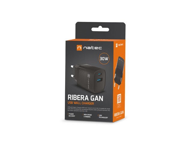 NATEC RIBERA GAN OPLADER 1X USB-A + 1X USB-C 30W SORT #8