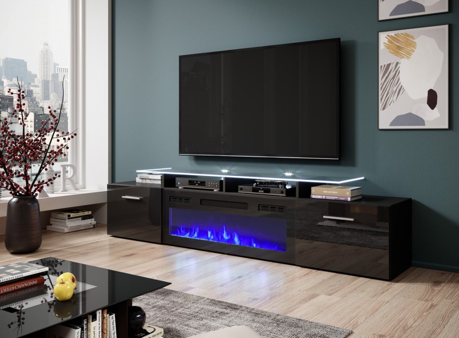 RTV-skab ROVA med elektrisk pejs 190x37x48 cm sort/sort hjglans #3