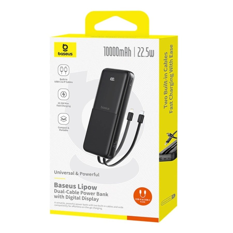 Baseus Lipow Powerbank med dobbelt indbygget kabel og display 10000 mAh 22,5 W Sort #8