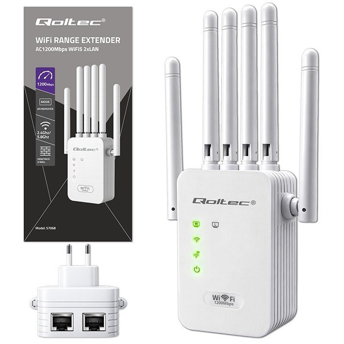Qoltec 57068 WiFi 5 signalforst�rker | Repeater | Adgangspunkt | AC1200 | 6 antenner | 2x RJ45 | 128MB #50