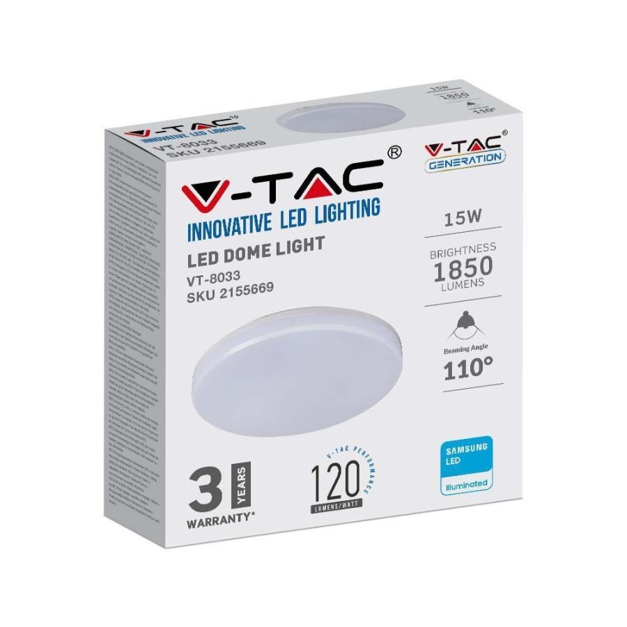 Plafond V-TAC VT-8033 overflademonteret 15W LED SAMSUNG CHIP IP44 120lm/W 4000K 1850lm (SKU 2155669) Hvid #5