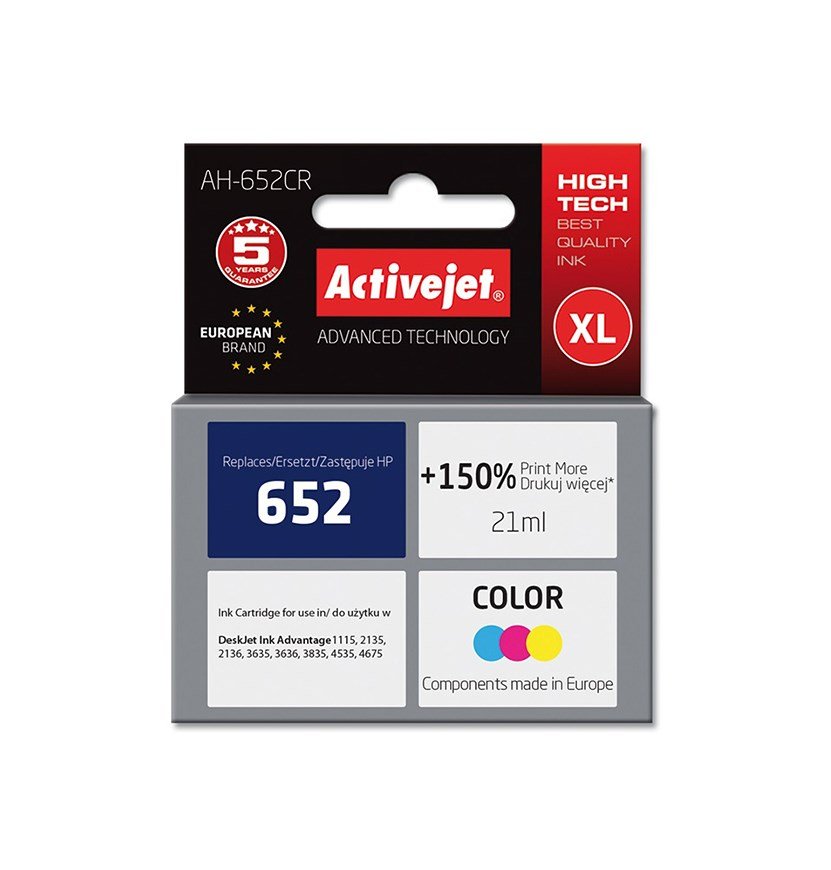 Activejet AH-652CR-blk (erstatning HP 652 F6V24AE; Premium; 21 ml; farve) #1