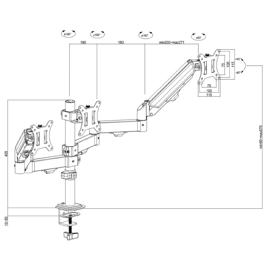Maclean-holder til 3 sk�rme, gasfjeder, 17�-27�, 2-8 kg, sort, MC-137 #8