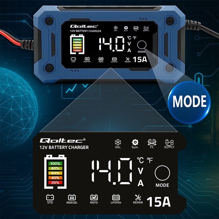 Qoltec 52496 Oplader 12V 15A | Ensretter med reparationsfunktion og opretholdelse af str�mforsyning under batteriudskiftning | til AGM GEL LiFePO4 | LCD #4