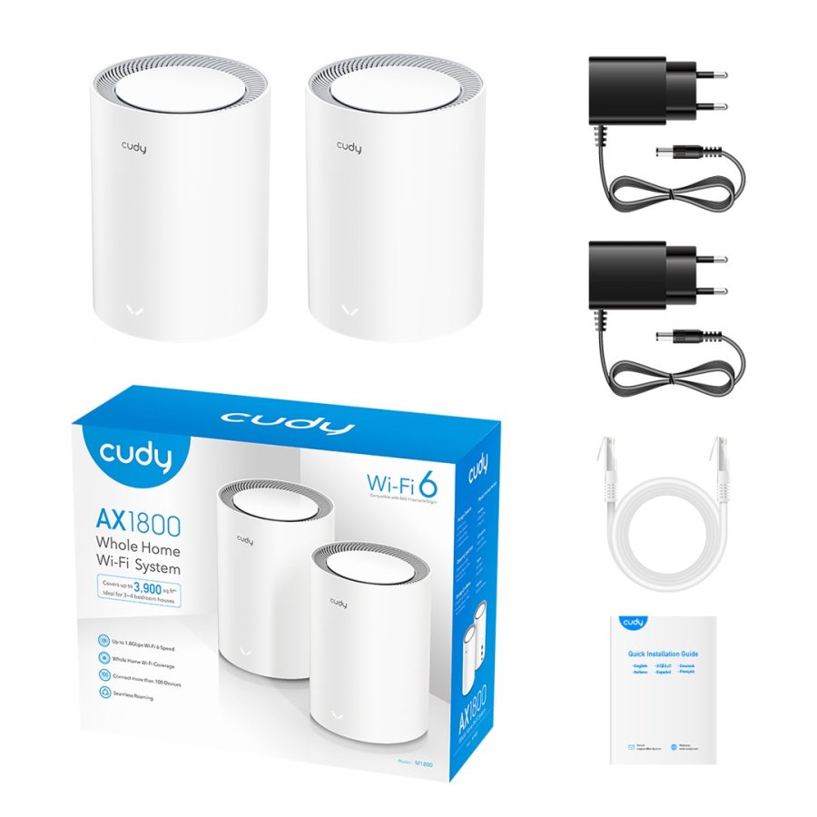 Cudy M3000 2-PACK mesh Wi-Fi-system Dual-band (2,4 GHz / 5 GHz) Wi-Fi 6 (802.11ax) Gr�, Hvid 1 Intern #2