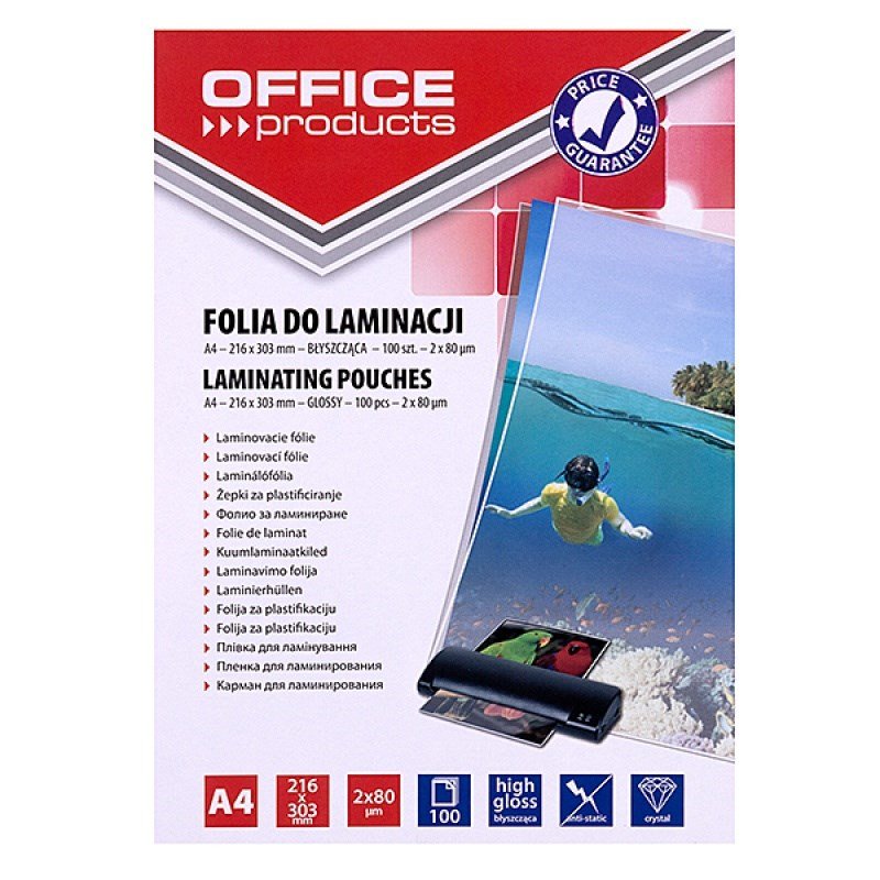 OFFICE PRODUCTS Lamineringsfolie, A4, 2 x 80 �m, blank, 100 stk., gennemsigtig #1