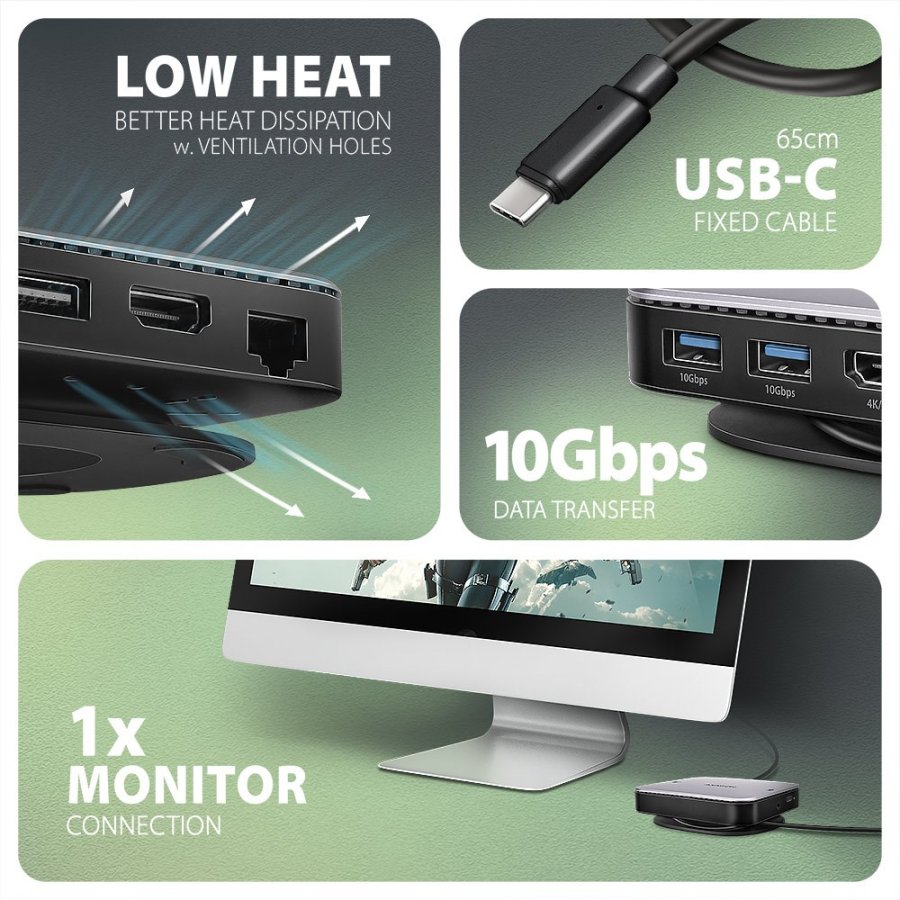 Axagon HMC-UFO USB-C Hub M.2 SATA/NVMe 1 Gbit/s Ethernet 384 kHz Audio Ledningsfrt USB 3.2 Gen 2 (3.1 Gen 2) Type-C Sort #8