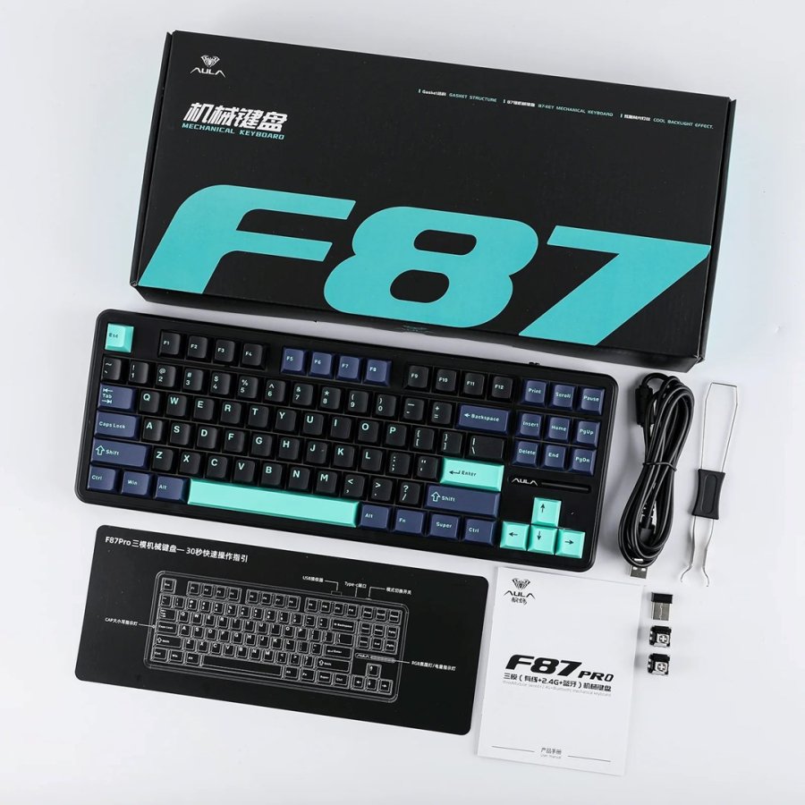 AULA Gasket F87 Pro Tastatur Sort Cyan Bl� GrayWoodV4 RGB #8