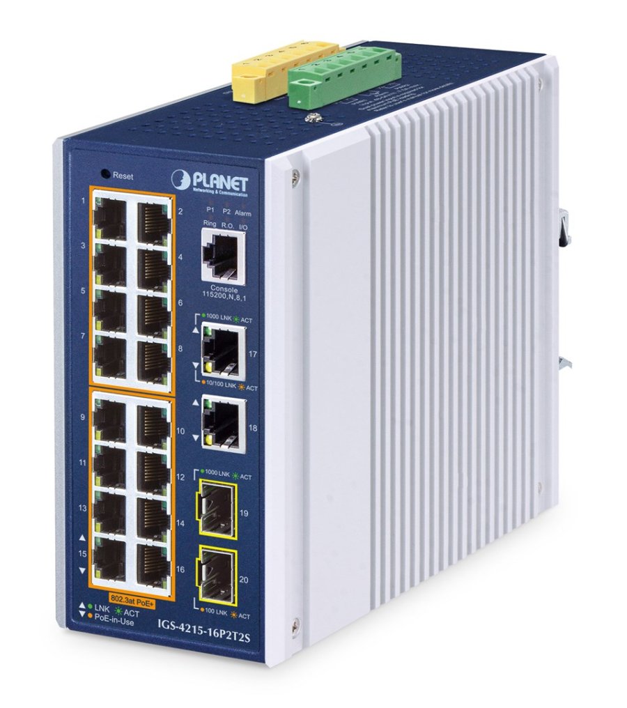 PLANET IP30 Industrial L2/L4 16-Port Administreret L2/L4 Gigabit Ethernet (10/100/1000) Str�m over Ethernet (PoE) Aluminium, Bl� #1