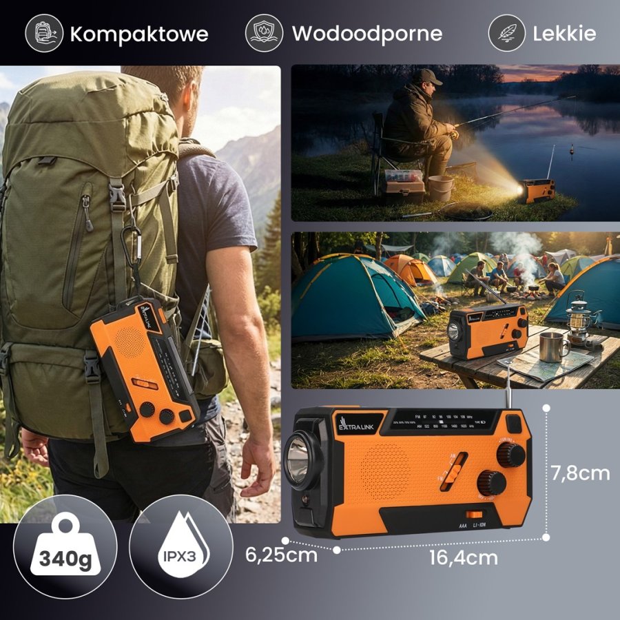 Extralink RADIO AWARYJNE SOLARNE Z KORBKA DYNAMO POWERBANK 4000MAH Z LATARKA SOS SR-4000 B�rbar Analog Sort, Orange #40