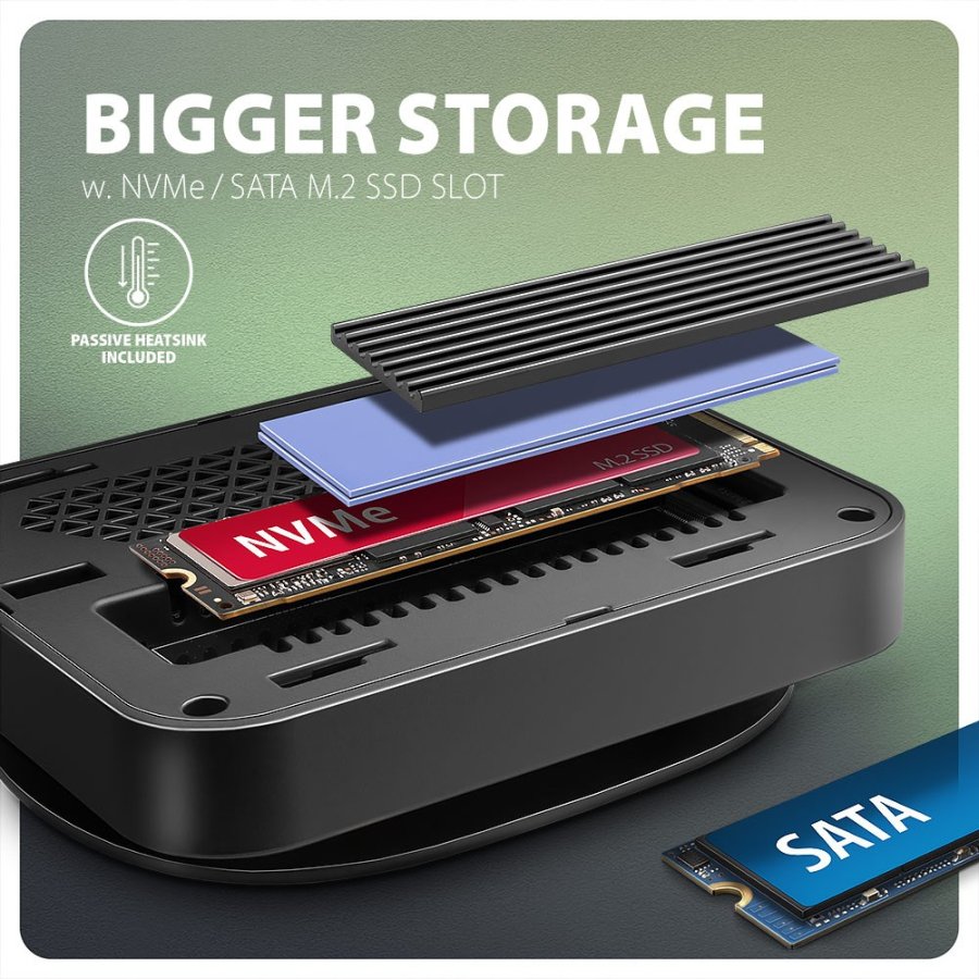 Axagon HMC-UFO USB-C Hub M.2 SATA/NVMe 1 Gbit/s Ethernet 384 kHz Audio Ledningsfrt USB 3.2 Gen 2 (3.1 Gen 2) Type-C Sort #16