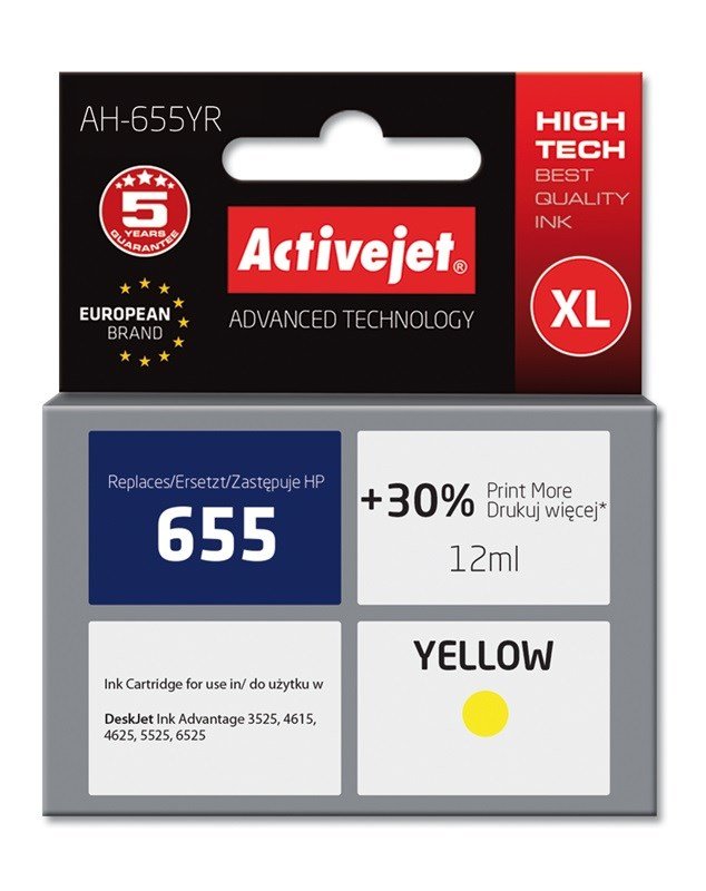 Activejet AH-655YR blk (erstatning HP 655 CZ112AE; Premium; 12 ml; gul) #1