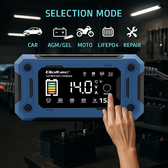 Qoltec 52496 Oplader 12V 15A | Ensretter med reparationsfunktion og opretholdelse af str�mforsyning under batteriudskiftning | til AGM GEL LiFePO4 | LCD #2