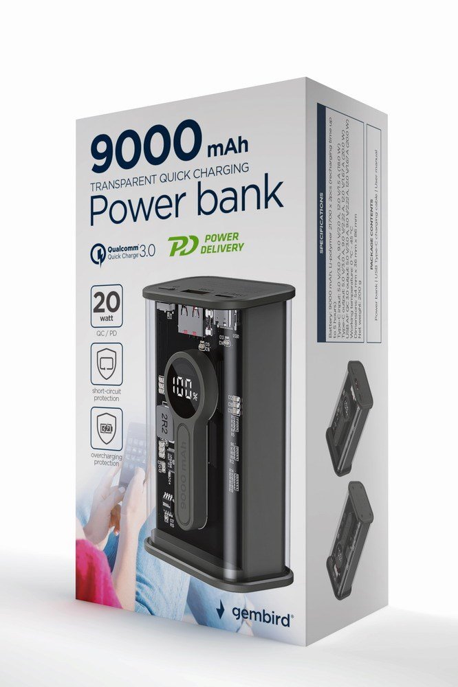 Gembird PB09-TQC3-01 powerbank Lithium polymer (LiPo) 9000 mAh Sort, Transparent #13