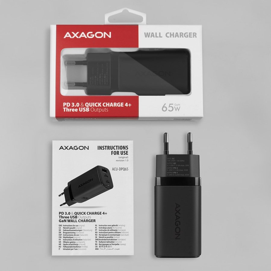 Axagon ACU-DPQ65 oplader til mobil enhed Mobiltelefon, Netbook, Laptop, Smartphone, SmartWatch, Tablet, Universel Sort Vekselstrm Hurtig opladning Indendrs #11