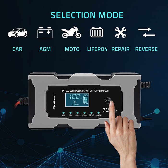Qoltec 52493 Lader 12V 10A | Ensretter med reparationsfunktion til AGM GEL LiFePO4 batteri | LCD #2