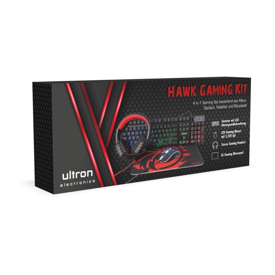 Ultron HAWK Gaming Set tastatur Mus inkluderet Spil QWERTZ Tysk Sort, R�d, Hvid #6