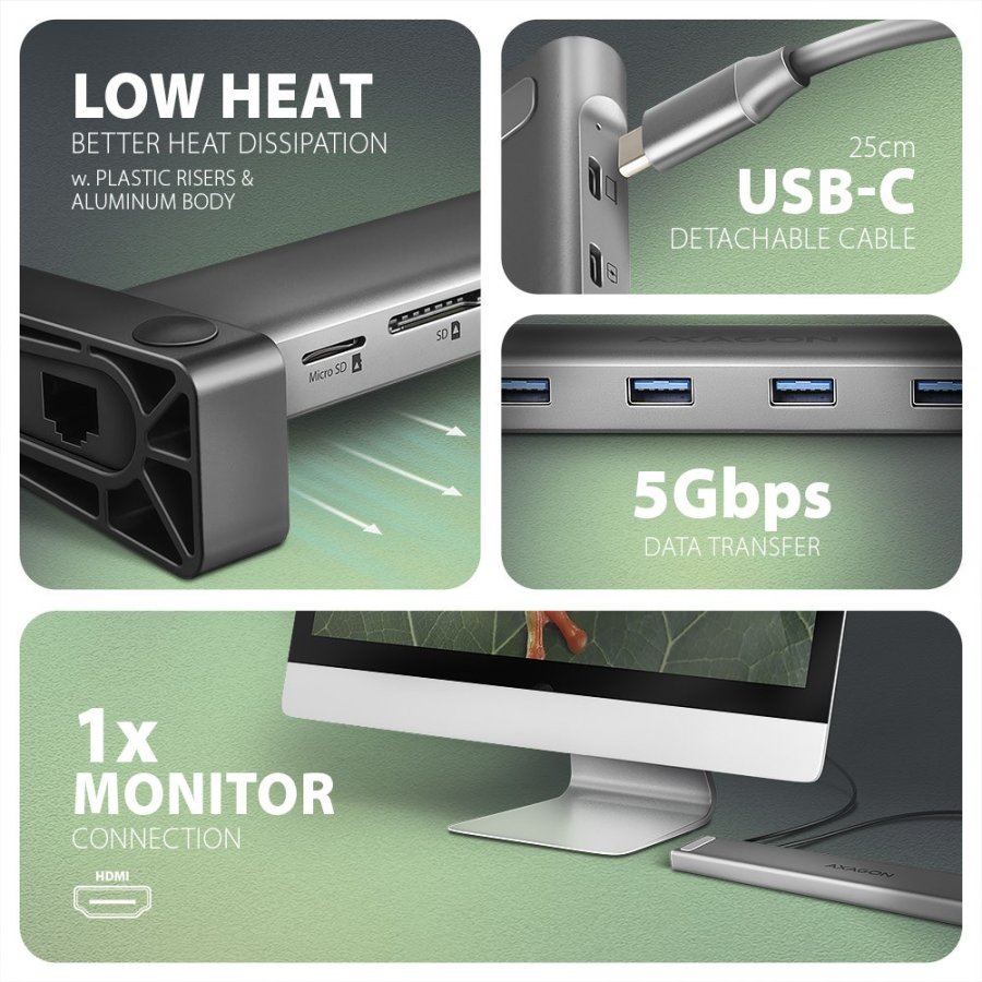 Axagon HMC-10HLS dockingstation Ledningsfrt USB 3.2 Gen 1 (3.1 Gen 1) Type-C Sort, Gr #5