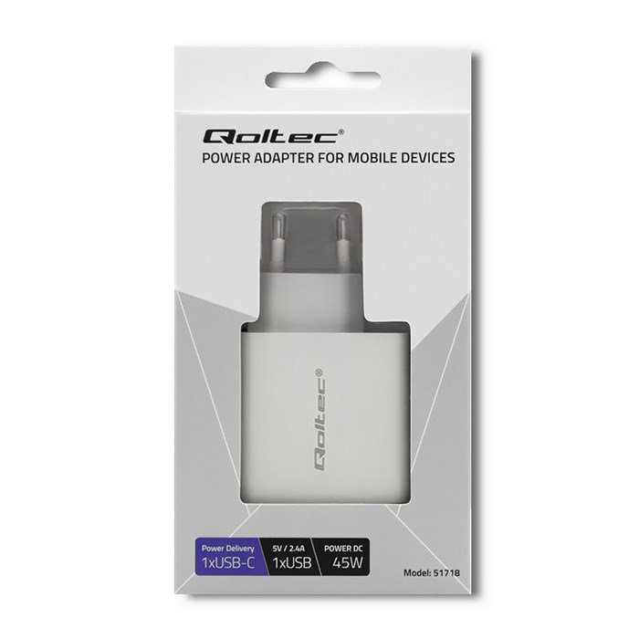 Qoltec 51718 Oplader | 45W | 5-20V | 2.4-3A | USB type C PD | USB | hvid #2