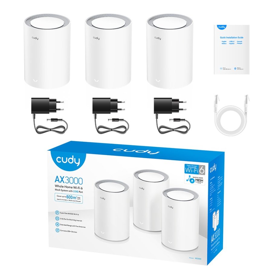 Cudy M3000 3-PACK mesh Wi-Fi-system Dual-band (2,4 GHz / 5 GHz) Wi-Fi 6 (802.11ax) Gr, Hvid 1 Intern #2