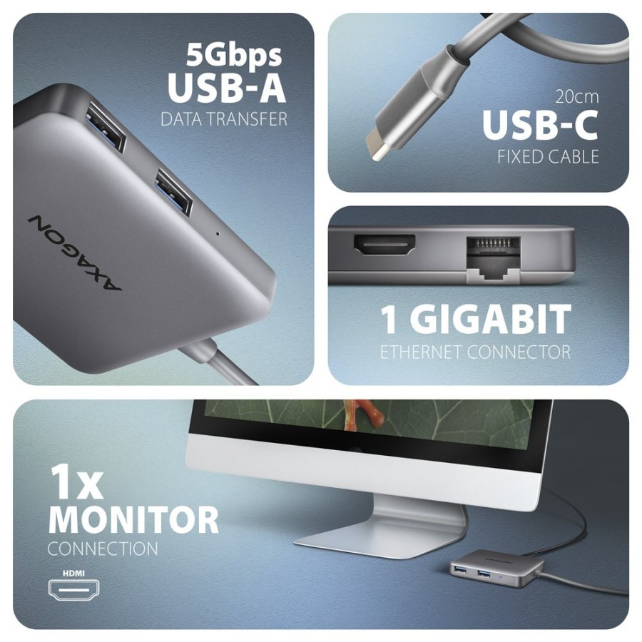 Axagon N HMC-5HL USB 5Gbps hub 2x USB-A HDMI 4k/60Hz RJ-45 GLAN PD 100W kabel USB-C Ledningsfrt USB 3.2 Gen 1 (3.1 Gen 1) Type-C Slv #4