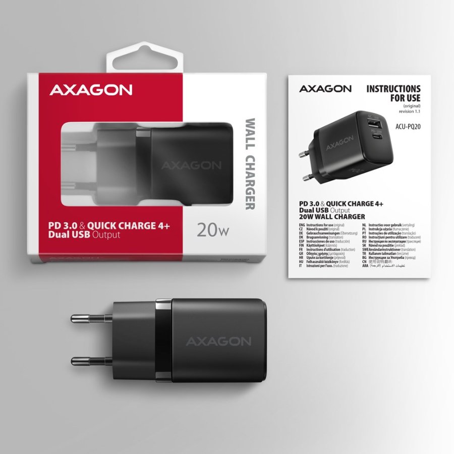 Axagon ACU-PQ20 wall charger QC3.0/AFC/FCP+ PD type-C 20 W - schwarz - USB Typ C Mobiltelefon, Smartphone, SmartWatch, Tablet, Universel Sort Vekselstrm Hurtig opladning Indendrs #10