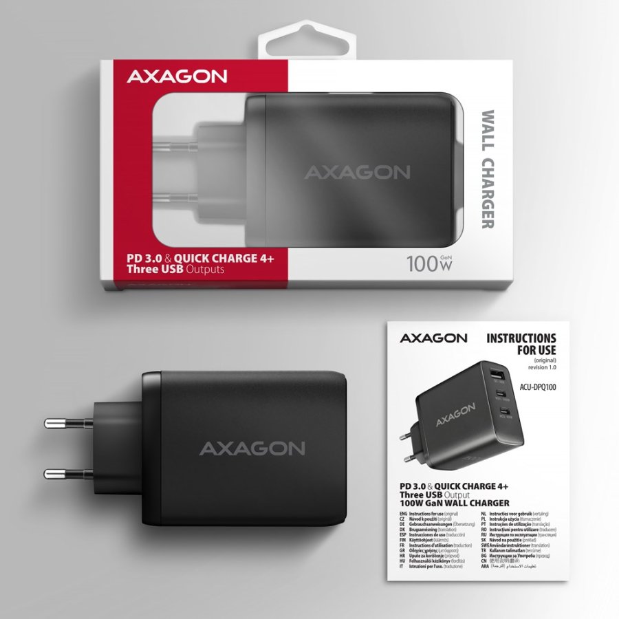 Axagon ACU-DPQ100 oplader til mobil enhed Mobil computer, Mobiltelefon, Netbook, Laptop, Smartphone, SmartWatch, Tablet, Universel Sort Vekselstrm Hurtig opladning Indendrs #11