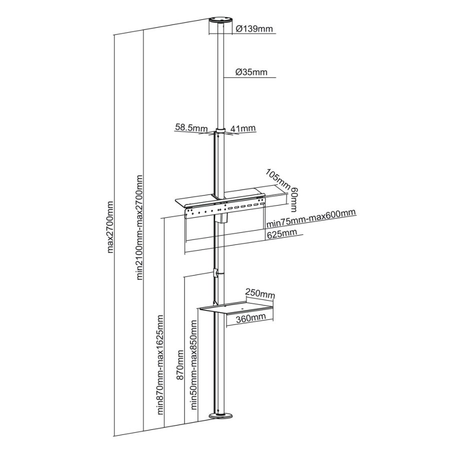 Teleskopisk tv-holder, lofts-/gulvstativ med hylde Maclean MC-791N 37