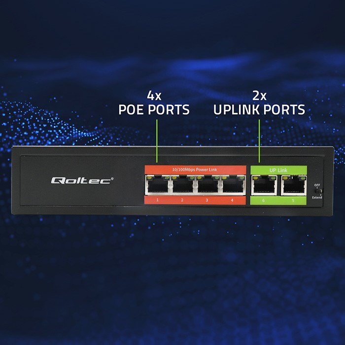 Qoltec 52289 HURTIG Ethernet PoE-SWITCH | 4x RJ45 PoE | 2x RJ45 Uplink | 65W | 10/100 Mb/s #5