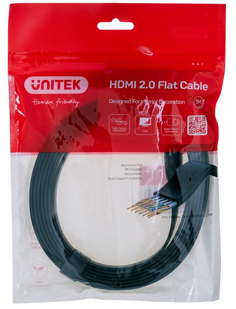 UNITEK HDMI CABLE 2.0 4K60HZ FLAT 3M C11063BK-3M HDMI-kabel 3 m HDMI Type A (Standard) Sort #1