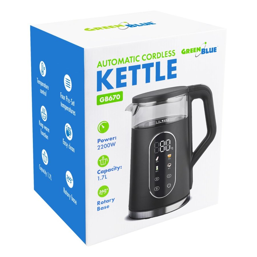 GreenBlue tr�dl�s elkedel, 1,7 l, vandbeholder i glas, letl�seligt display, temperaturvalg, 2200 W, GB670 B #12