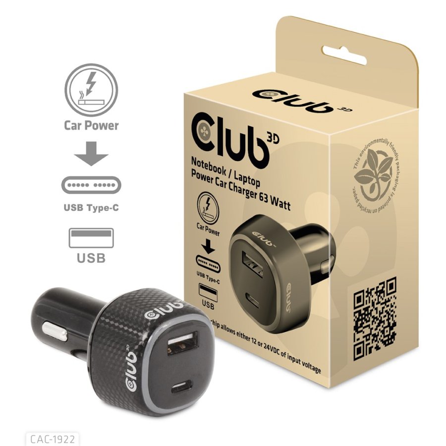CLUB3D CAC-1922 oplader til mobil enhed Laptop Sort Cigart�nder Automatisk #1