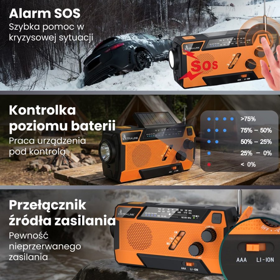 Extralink RADIO AWARYJNE SOLARNE Z KORBKA DYNAMO POWERBANK 4000MAH Z LATARKA SOS SR-4000 B�rbar Analog Sort, Orange #47