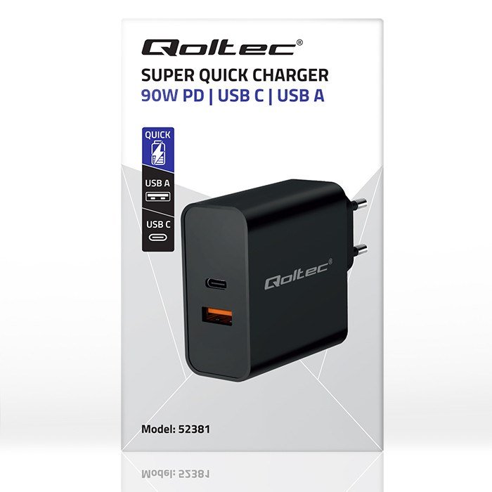 Qoltec 52381 Super Quick PD oplader | 1xUSB-C | 1xUSB| 90W | 5-20V | 2,4-4,35A | Sort #8