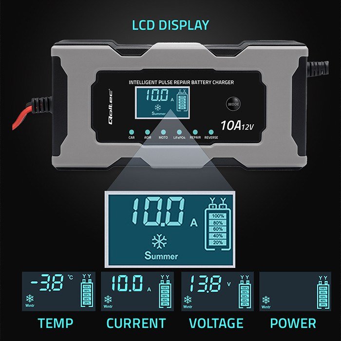Qoltec 52493 Lader 12V 10A | Ensretter med reparationsfunktion til AGM GEL LiFePO4 batteri | LCD #4