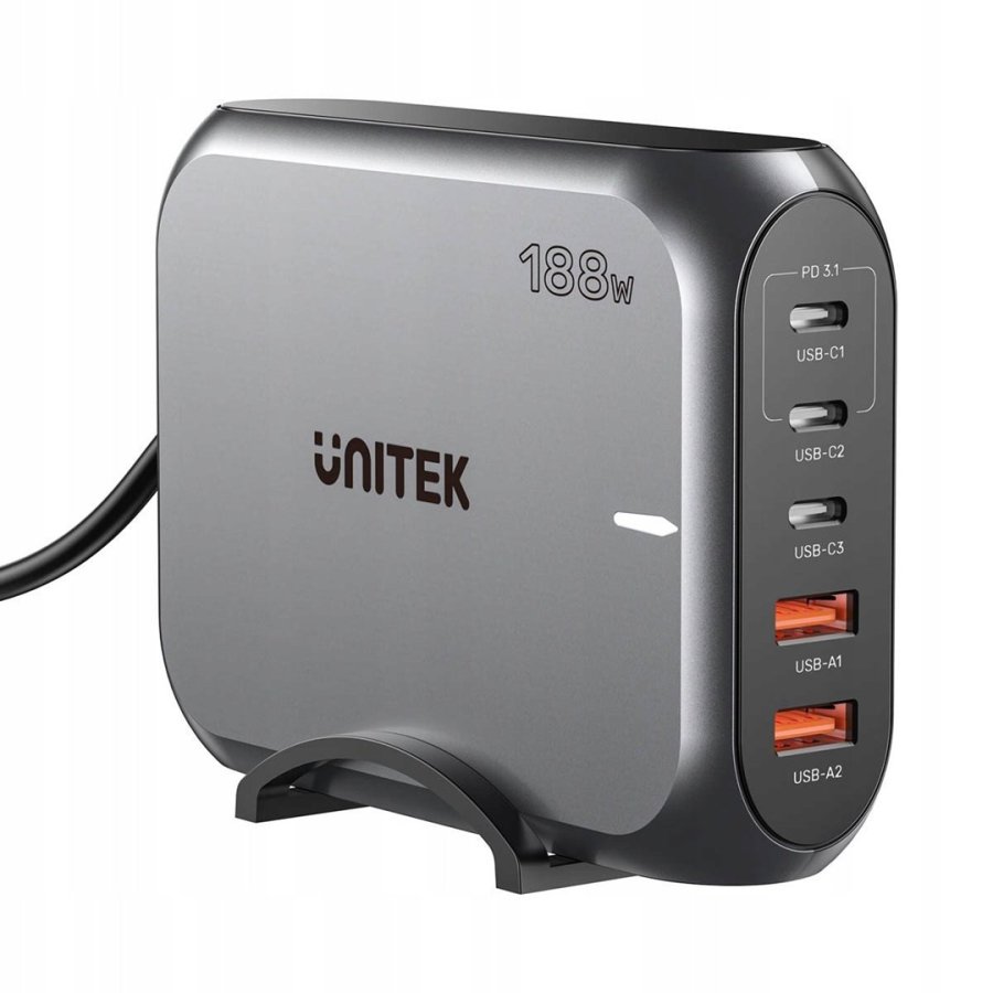 GaN-netoplader - Unitek P1234AGY01-EU | 188W 3x USB-C 2x USB-A #1