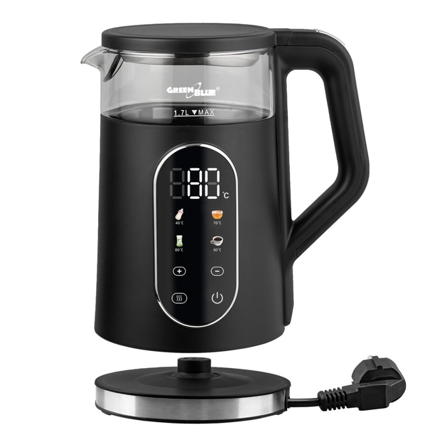 GreenBlue tr�dl�s elkedel, 1,7 l, vandbeholder i glas, letl�seligt display, temperaturvalg, 2200 W, GB670 B #10