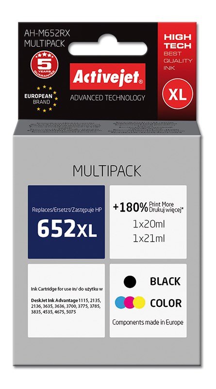 Activejet AH-M652RX Blk (erstatning HP 652 F6V25AE/F6V24AE; Premium; 1 x 20 ml, 1 x 21 ml; sort, farve) #1