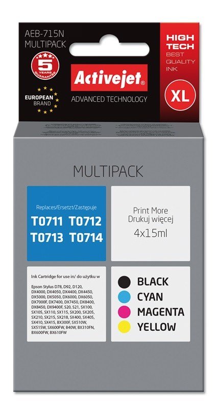 Activejet AEB-715N blk (erstatning Epson T0715; Supreme; 4 x 15 ml; sort, rd, bl, gul) #1