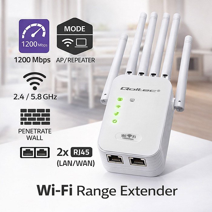 Qoltec 57068 WiFi 5 signalforst�rker | Repeater | Adgangspunkt | AC1200 | 6 antenner | 2x RJ45 | 128MB #8