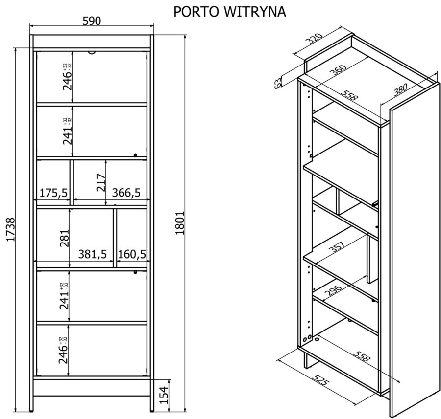 Cama PORTO 59x38x180 vitrineskab eg/sort #10