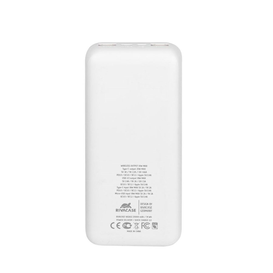Powerbank RIVACASE 20000 mAh USB-C 20W + Qi 10W hvid (1x USB-C PD 20W, 2 USB-A QC 3.0 18W), hvid #4