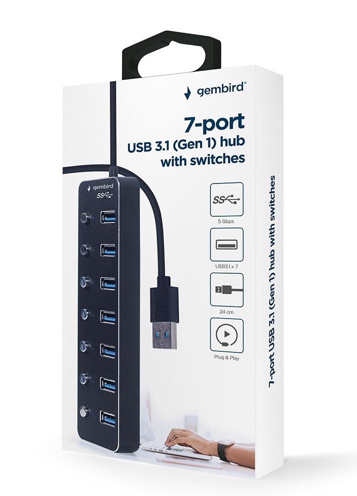 Gembird UHB-U3P7P-01 7-ports USB 3.1 (Gen 1) hub med switches, sort #5